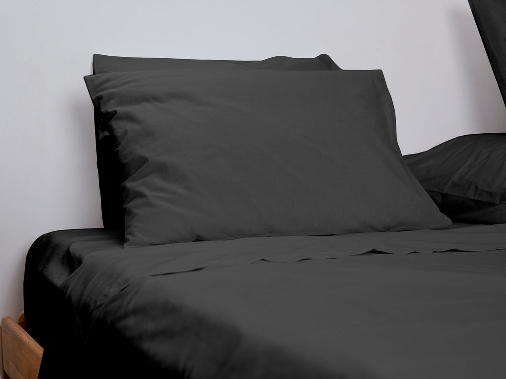Dejorine - Drap plat en Percale de Coton - Teinte Coeur d'ébène - Couleur Gris Anthracite