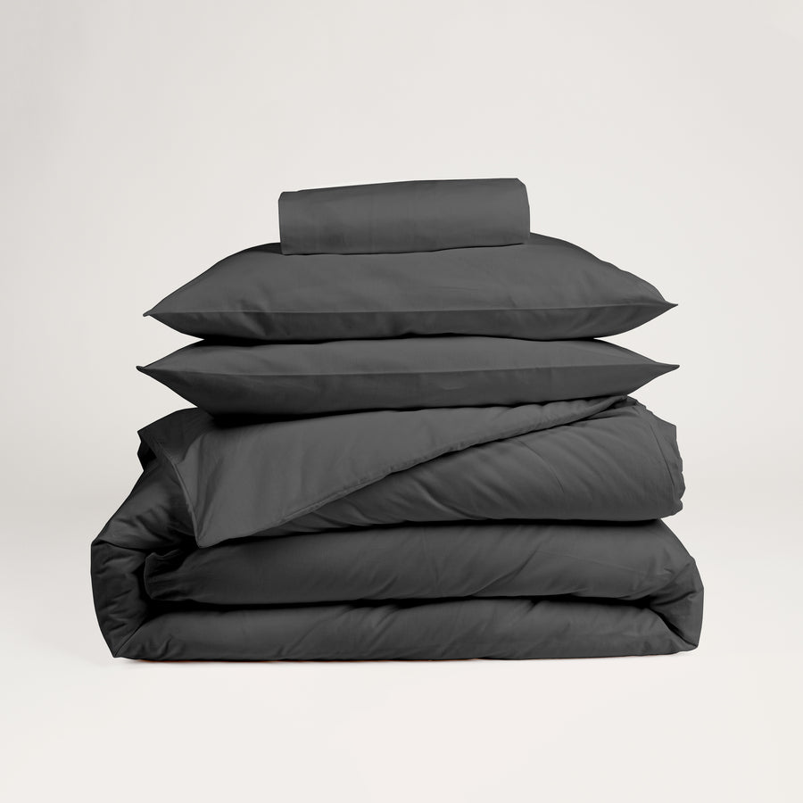 Dejorine - Parure en Percale de Coton - Teinte Coeur d'ébène - Couleur Gris Anthracite
