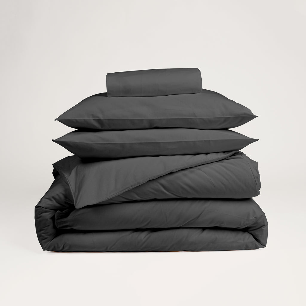 Dejorine - Parure en Percale de Coton - Teinte Coeur d'ébène - Couleur Gris Anthracite