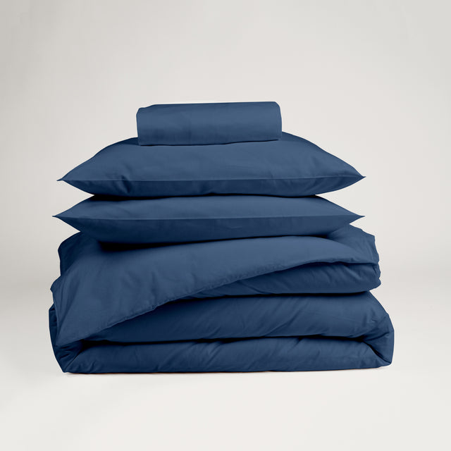Dejorine - Parure en Percale de Coton - Teinte Ombre de saphir - Couleur Bleu Foncé Denim