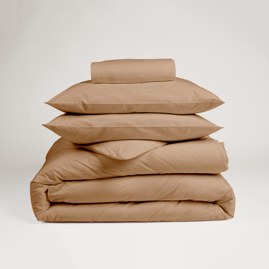 Dejorine - Parure en Percale de Coton - Teinte Terre d'Orient - Couleur Marron Beige Foncé
